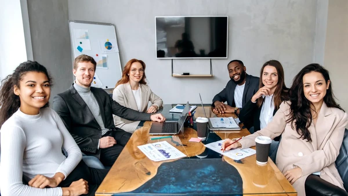 A diverse business team gathered around a conference table